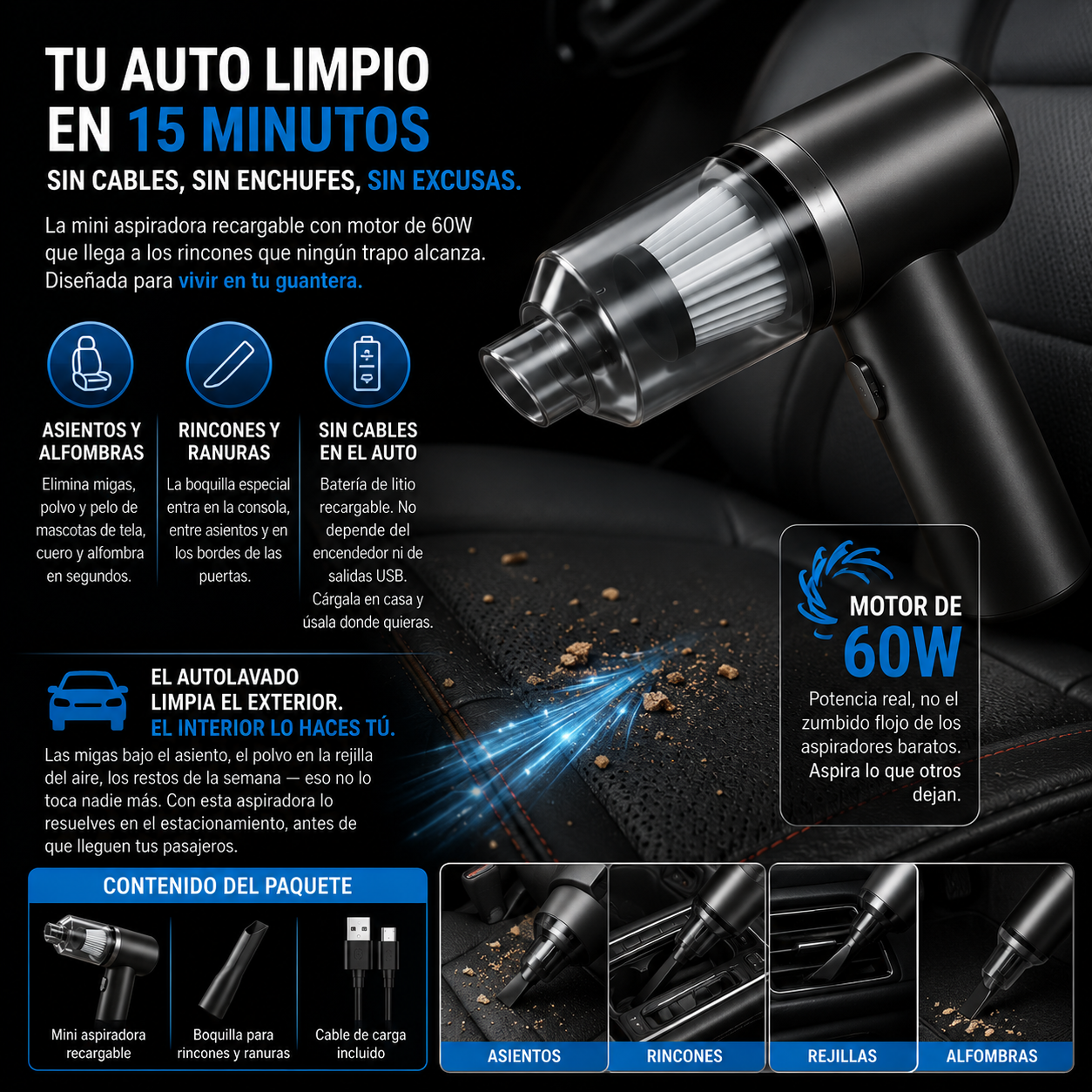 VacuCar Limpia tu auto al tiro, sin cables
