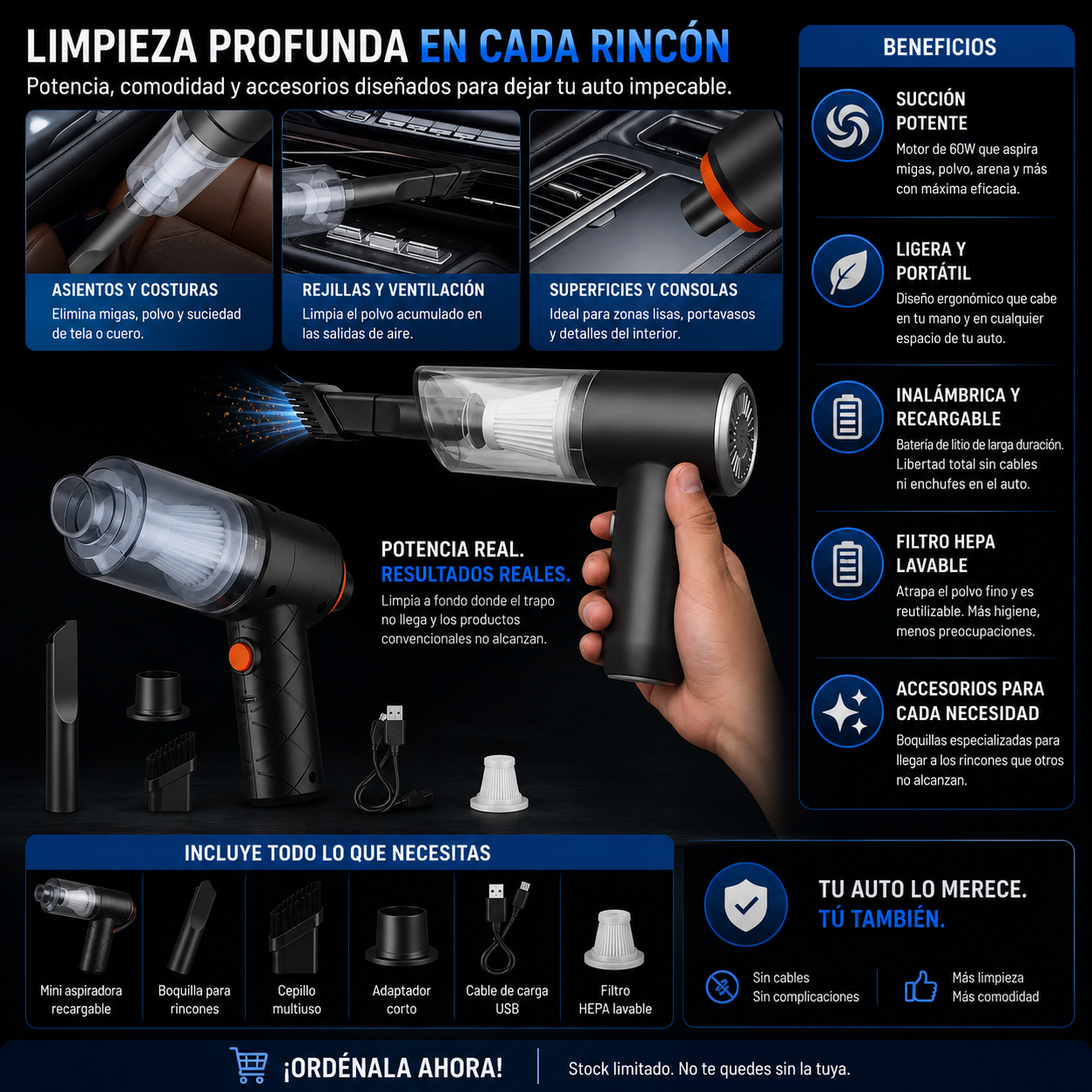 VacuCar Limpia tu auto al tiro, sin cables